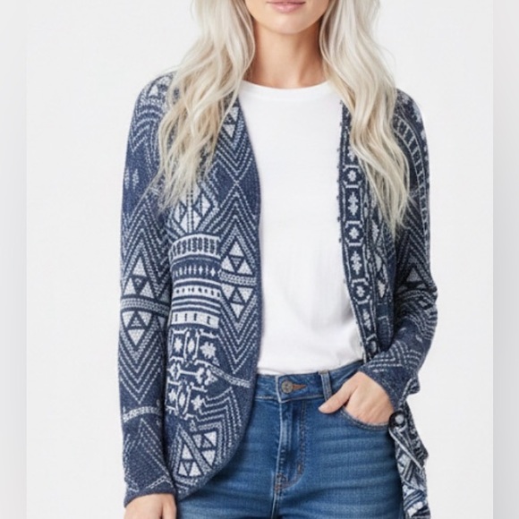 Eyeshadow Sweaters - Eyeshadow Blue White Geometric Open Front Cardigan Lightweight Raglan Sleeve M
